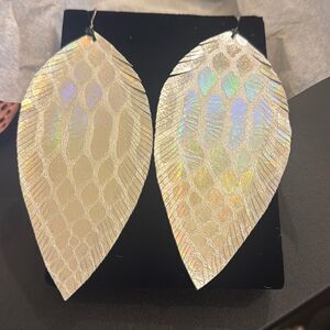 Holographic Leather Feather Earrings, Colorful Summer Iridescent Rainbow Snake